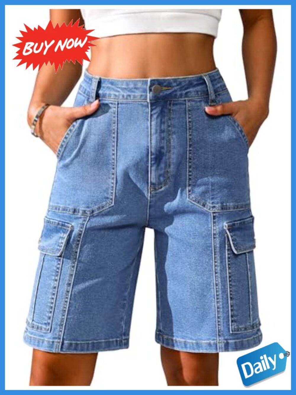 Bermuda Cargo Shorts High Waisted 9" Inseam Cotton Blend Relaxed Fit